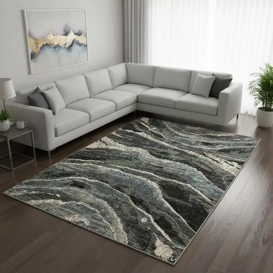 Blue Black And Beige Abstract Area Rug With Fringe Photo 1