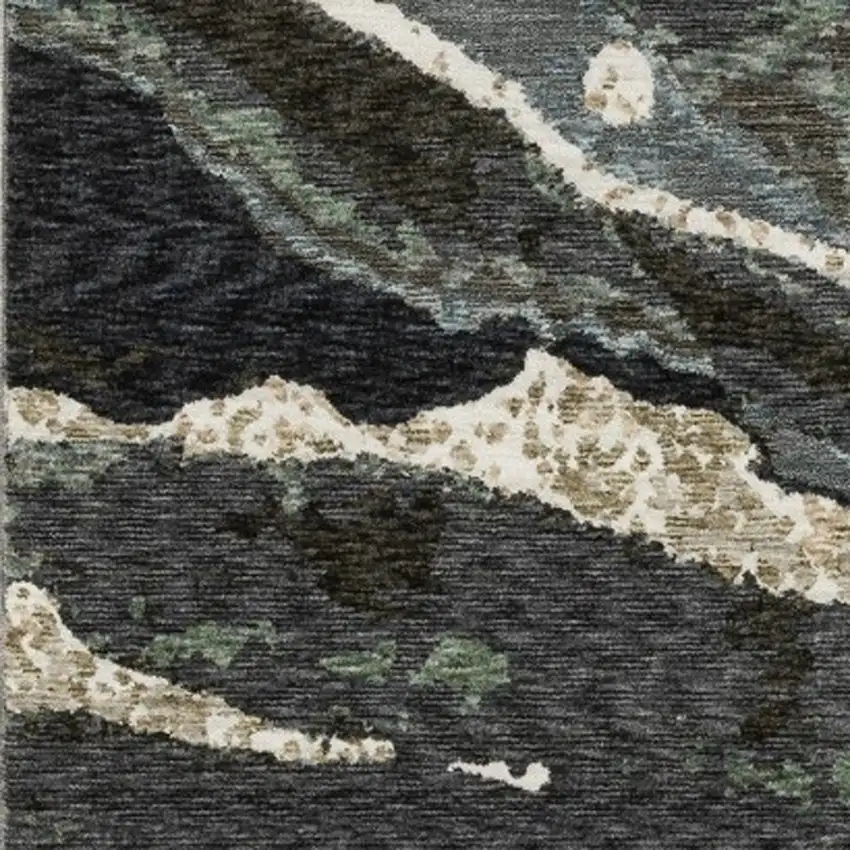 Blue Black And Beige Abstract Area Rug With Fringe Photo 9