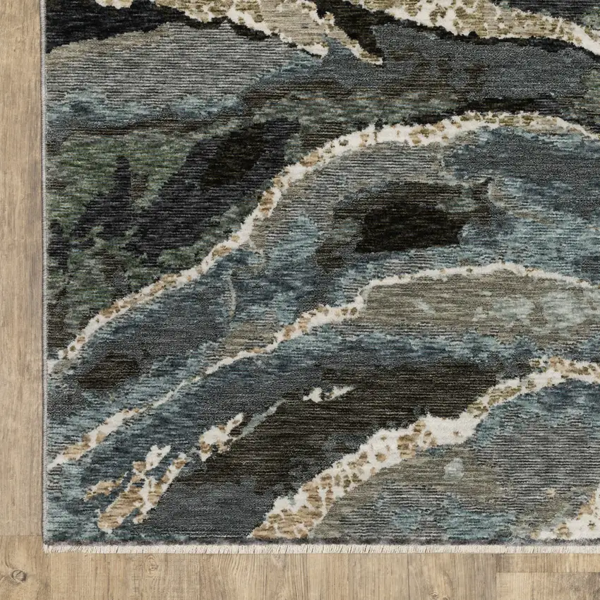 Blue Black And Beige Abstract Area Rug With Fringe Photo 7