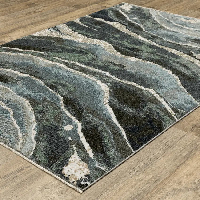 Blue Black And Beige Abstract Area Rug With Fringe Photo 4