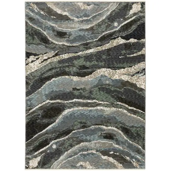 Blue Black And Beige Abstract Area Rug With Fringe Photo 2