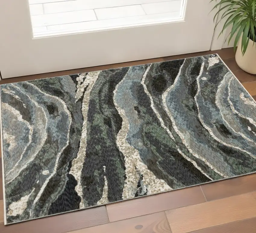 Blue Black And Beige Abstract Area Rug With Fringe Photo 1