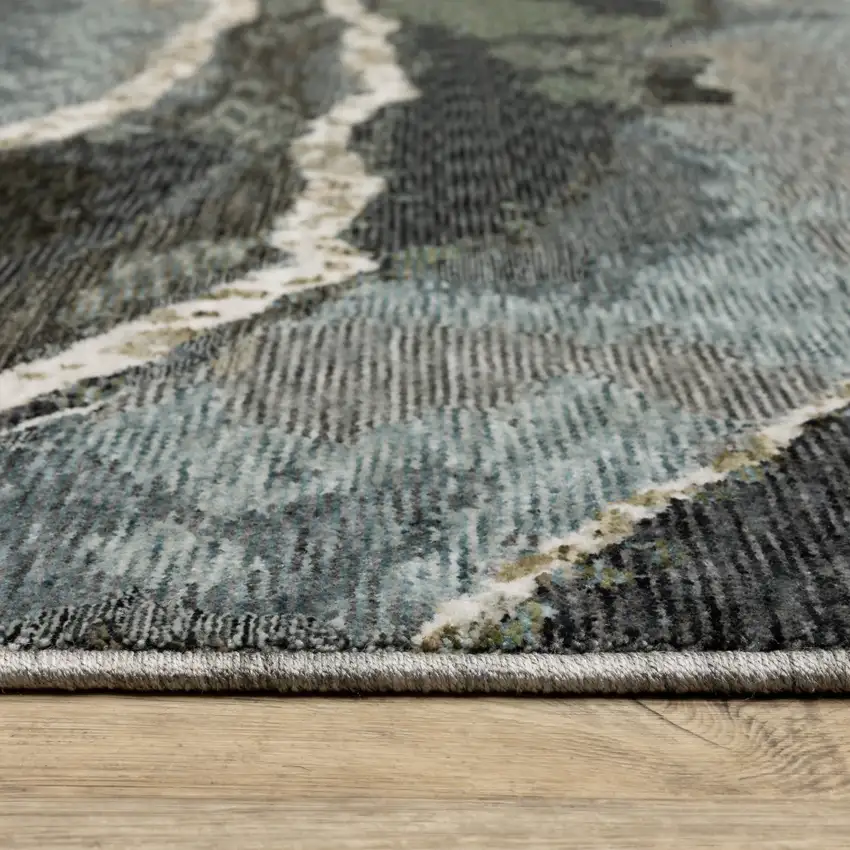 Blue Black And Beige Abstract Area Rug With Fringe Photo 5