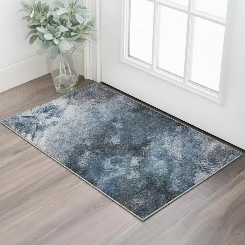 Blue Black And Gray Abstract Washable Area Rug With UV Protection Photo 1