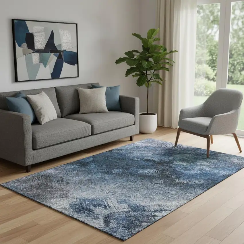 Blue Black And Gray Abstract Washable Area Rug With UV Protection Photo 1