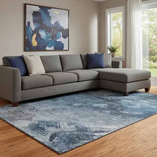 Blue Black And Gray Abstract Washable Area Rug With UV Protection Photo 1