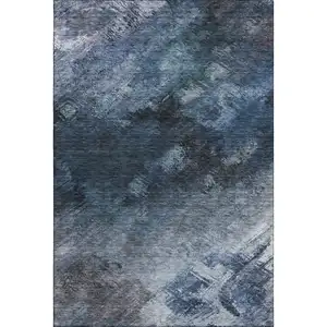Photo of Blue Black And Gray Abstract Washable Area Rug With UV Protection