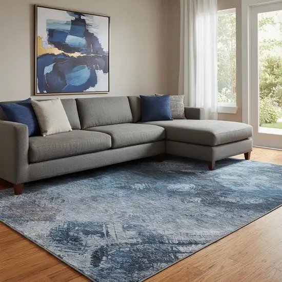 Blue Black And Gray Abstract Washable Area Rug With UV Protection Photo 1
