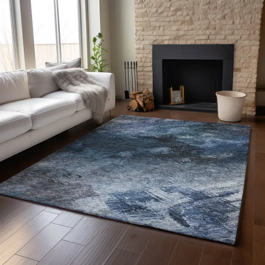 Blue Black And Gray Abstract Washable Area Rug With UV Protection Photo 6