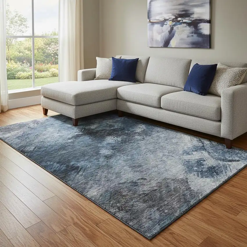 Blue Black And Gray Abstract Washable Area Rug With UV Protection Photo 1