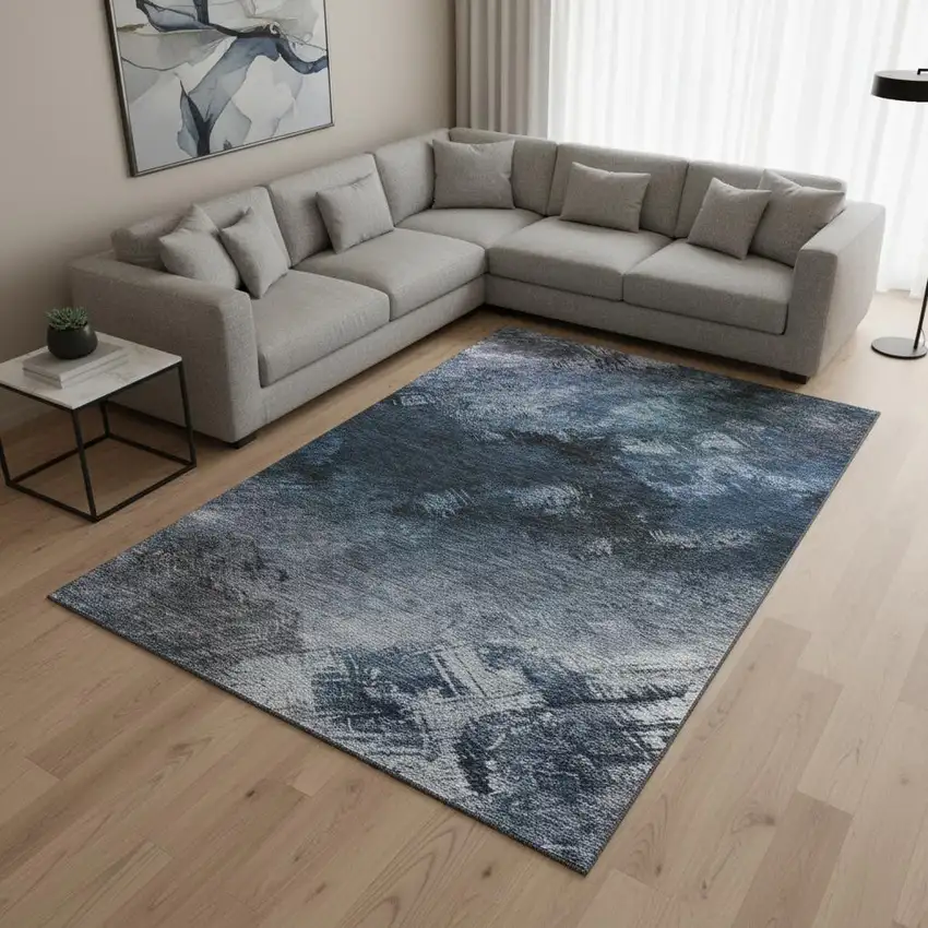 Blue Black And Gray Abstract Washable Area Rug With UV Protection Photo 2