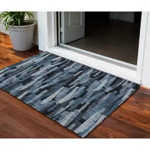 Photo of Blue Black And Gray Striped Washable Indoor Outdoor Area Rug