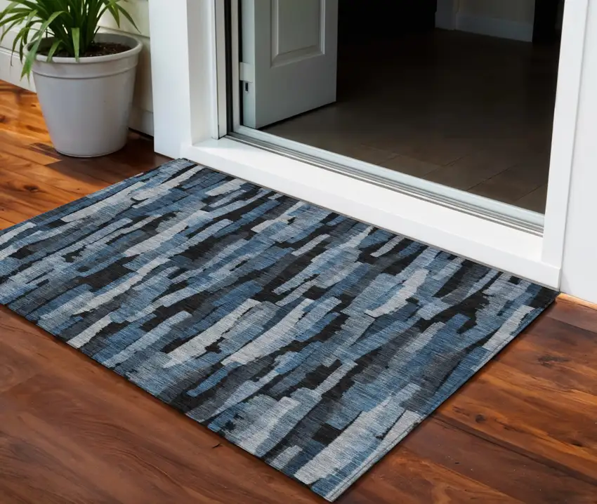 Blue Black And Gray Striped Washable Indoor Outdoor Area Rug Photo 1