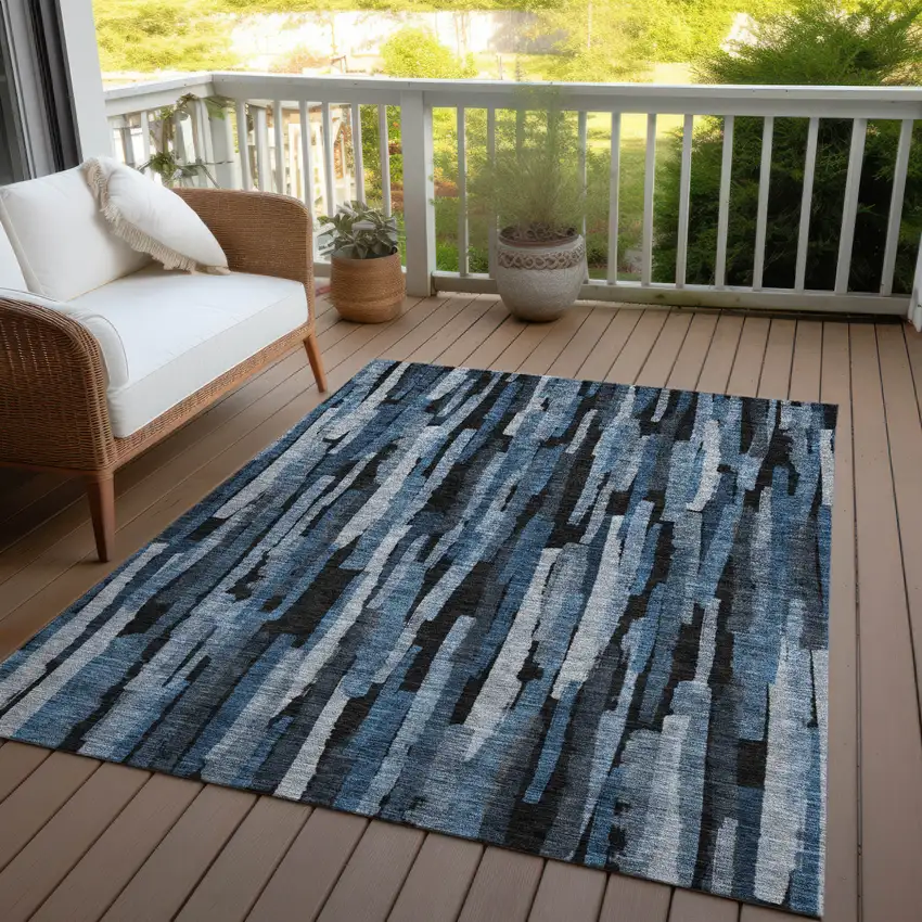 Blue Black And Gray Striped Washable Indoor Outdoor Area Rug Photo 6