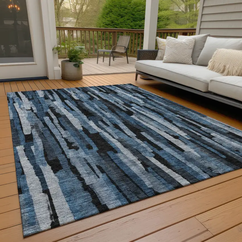 Blue Black And Gray Striped Washable Indoor Outdoor Area Rug Photo 9