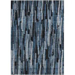 Photo of Blue Black And Gray Striped Washable Indoor Outdoor Area Rug