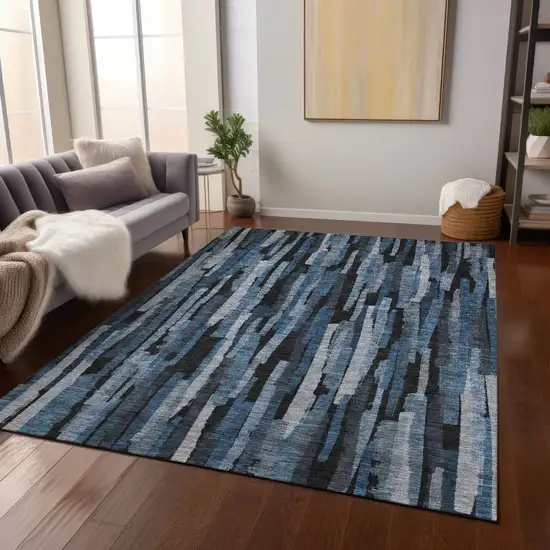 Blue Black And Gray Striped Washable Indoor Outdoor Area Rug Photo 8