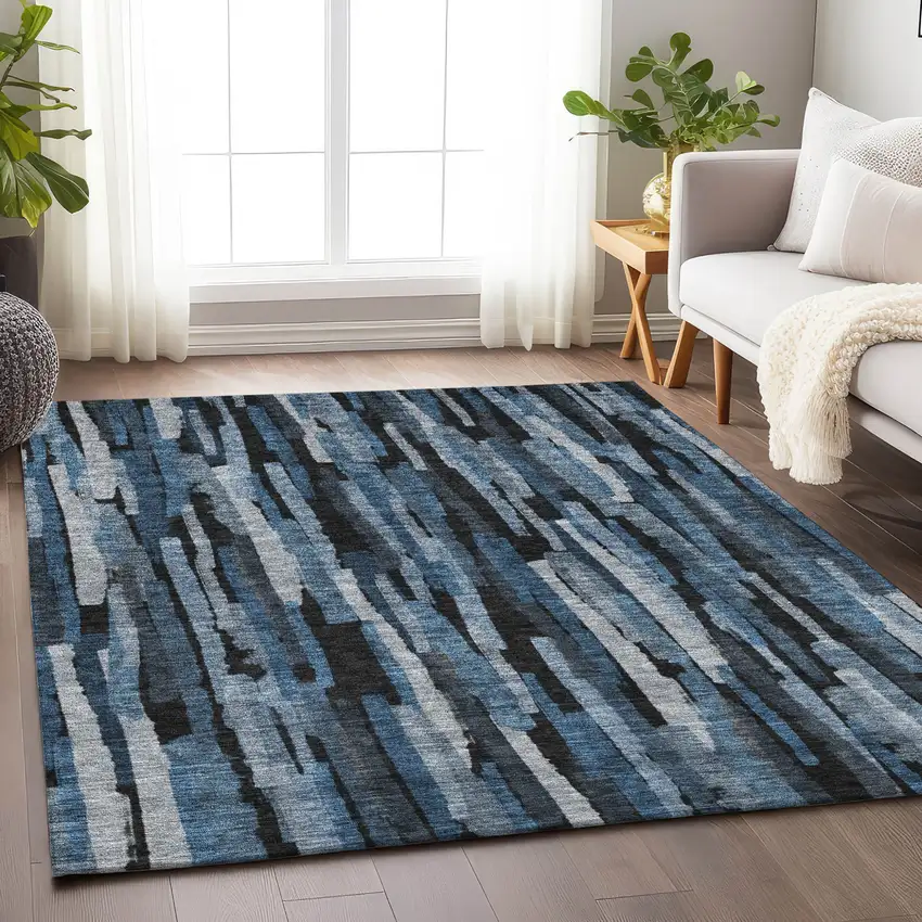 Blue Black And Gray Striped Washable Indoor Outdoor Area Rug Photo 8
