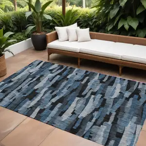 Photo of Blue Black And Gray Striped Washable Indoor Outdoor Area Rug