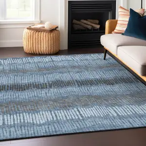 Photo of Blue Black And Gray Striped Washable Indoor Outdoor Area Rug