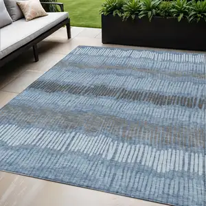 Photo of Blue Black And Gray Striped Washable Indoor Outdoor Area Rug