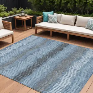 Photo of Blue Black And Gray Striped Washable Indoor Outdoor Area Rug