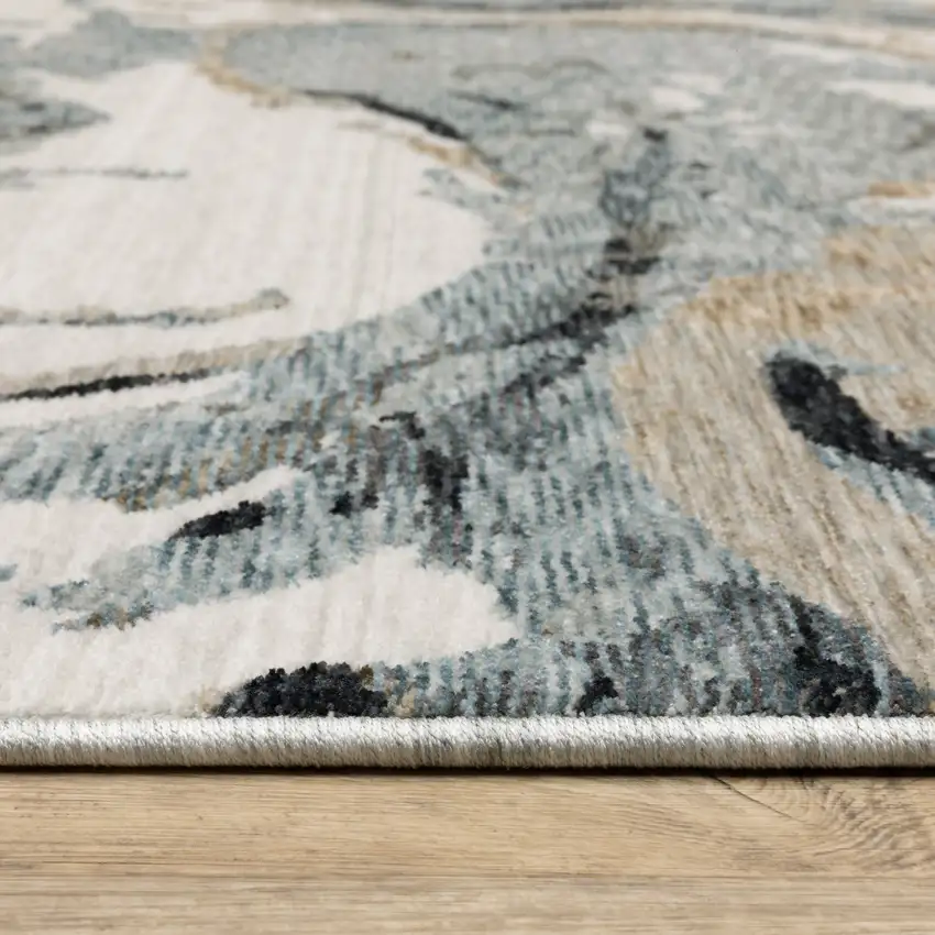 Blue Black And Ivory Abstract Area Rug With Fringe Photo 6