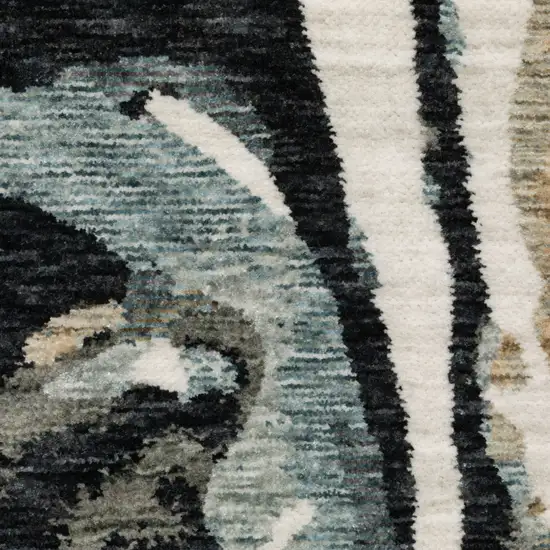 Blue Black And Ivory Abstract Area Rug With Fringe Photo 7