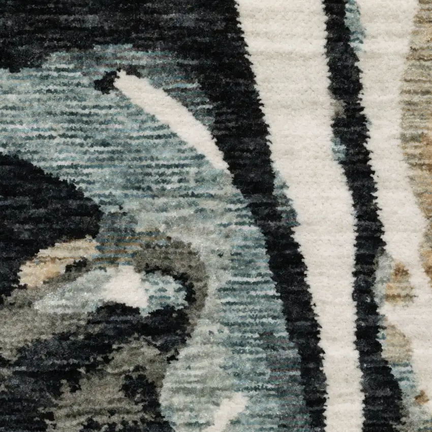 Blue Black And Ivory Abstract Area Rug With Fringe Photo 7