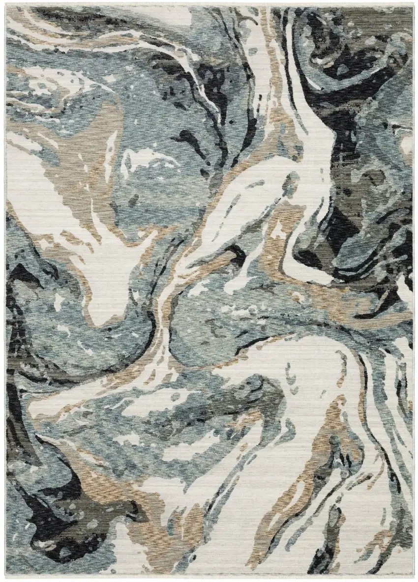 Blue Black And Ivory Abstract Area Rug With Fringe Photo 2