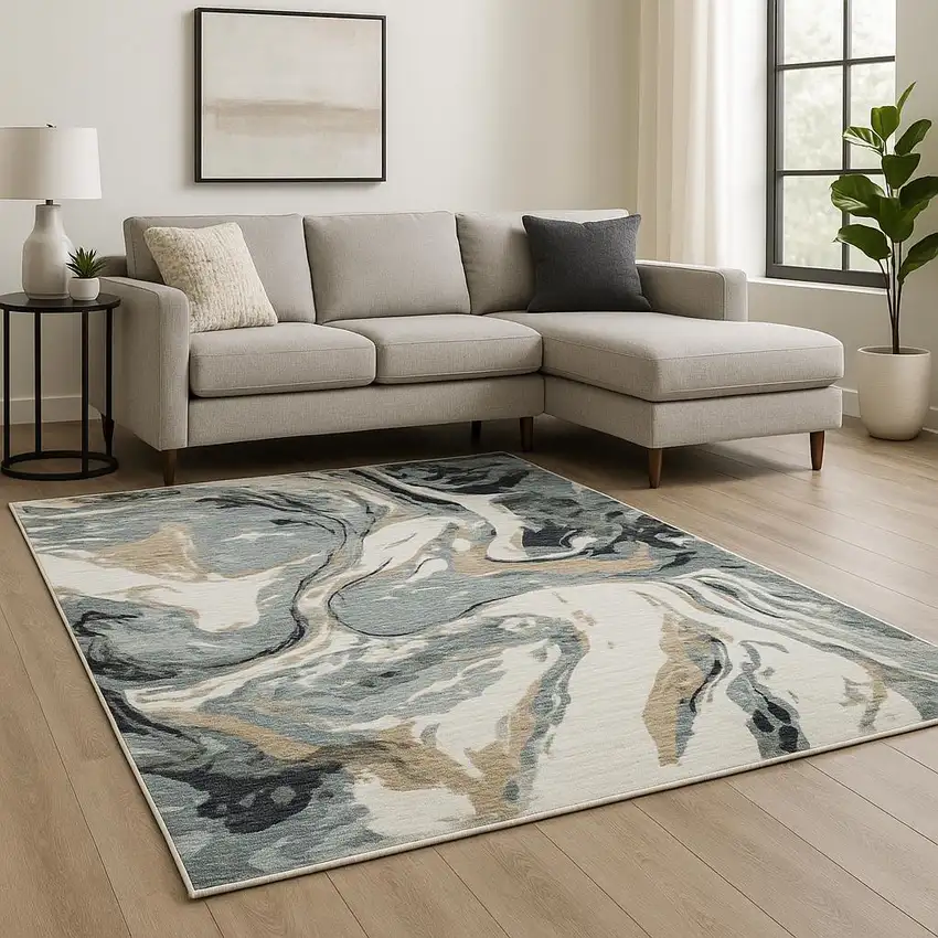 Blue Black And Ivory Abstract Area Rug With Fringe Photo 1