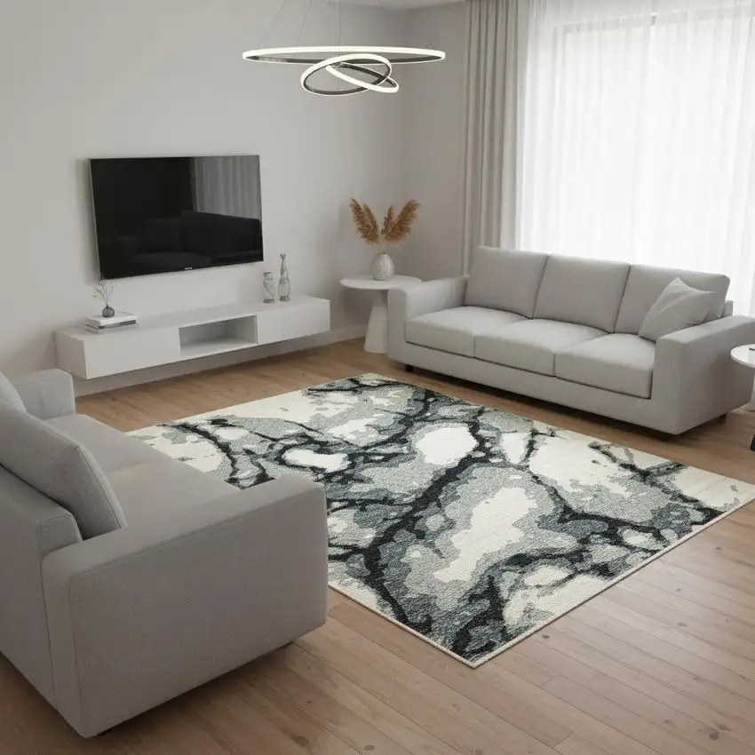 Blue Black And Ivory Abstract Area Rug With Fringe Photo 1