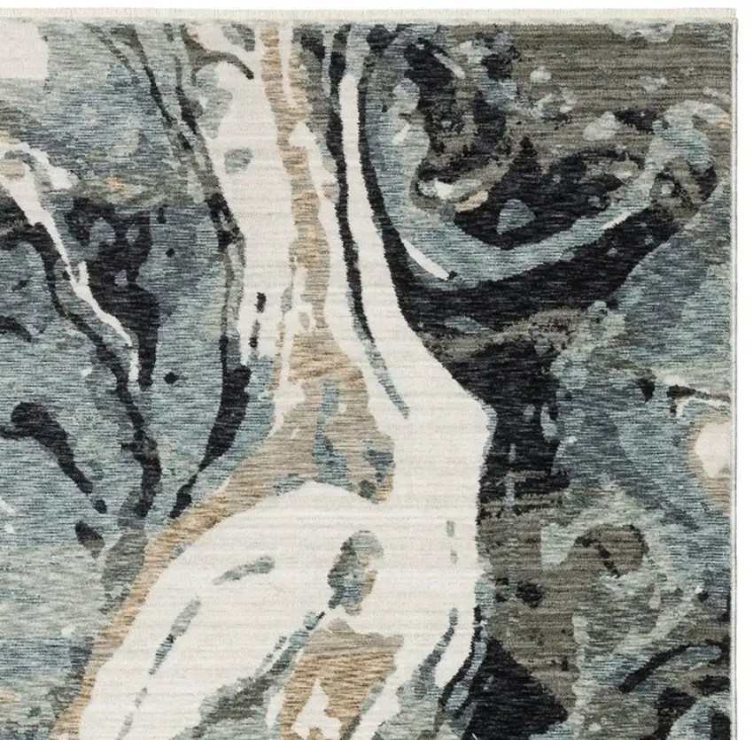 Blue Black And Ivory Abstract Area Rug With Fringe Photo 3