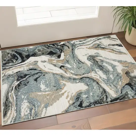 Blue Black And Ivory Abstract Area Rug With Fringe Photo 1