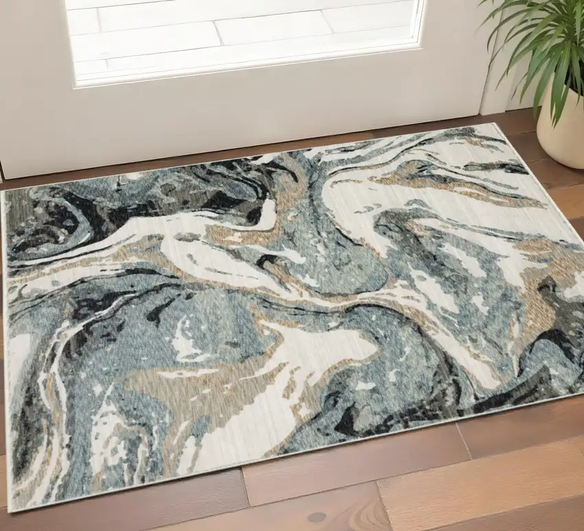 Blue Black And Ivory Abstract Area Rug With Fringe Photo 1