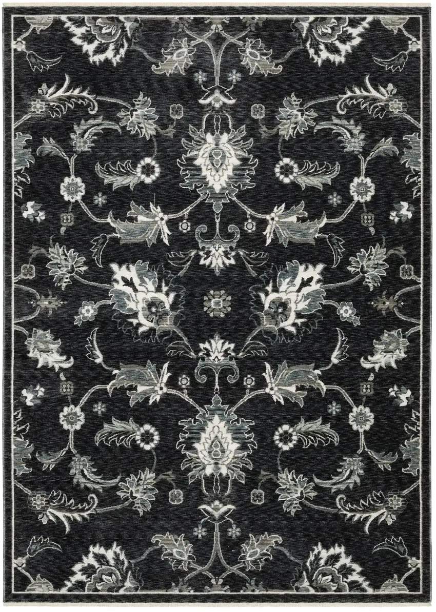 Blue Black And Ivory Floral Area Rug With Fringe Photo 9