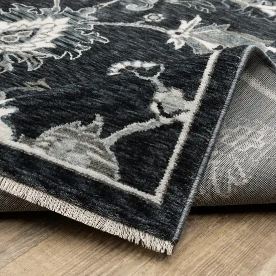 Blue Black And Ivory Floral Area Rug With Fringe Photo 7