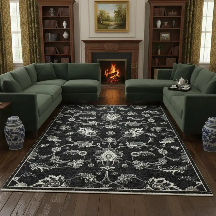 Blue Black And Ivory Floral Area Rug With Fringe Photo 1