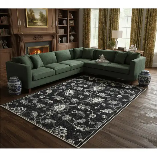 Blue Black And Ivory Floral Area Rug With Fringe Photo 1