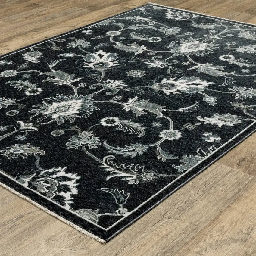 Blue Black And Ivory Floral Area Rug With Fringe Photo 5