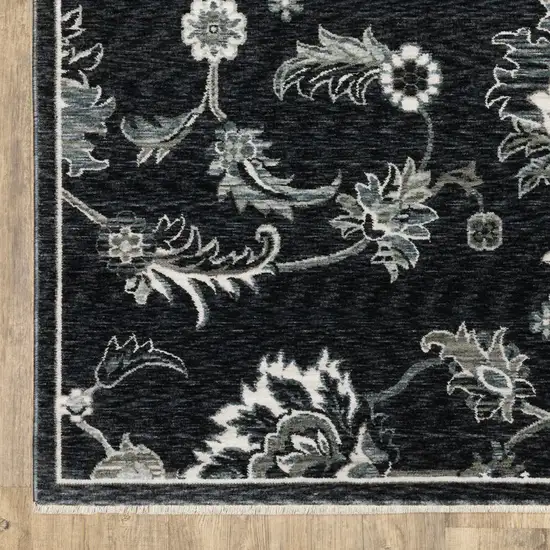 Blue Black And Ivory Floral Area Rug With Fringe Photo 7