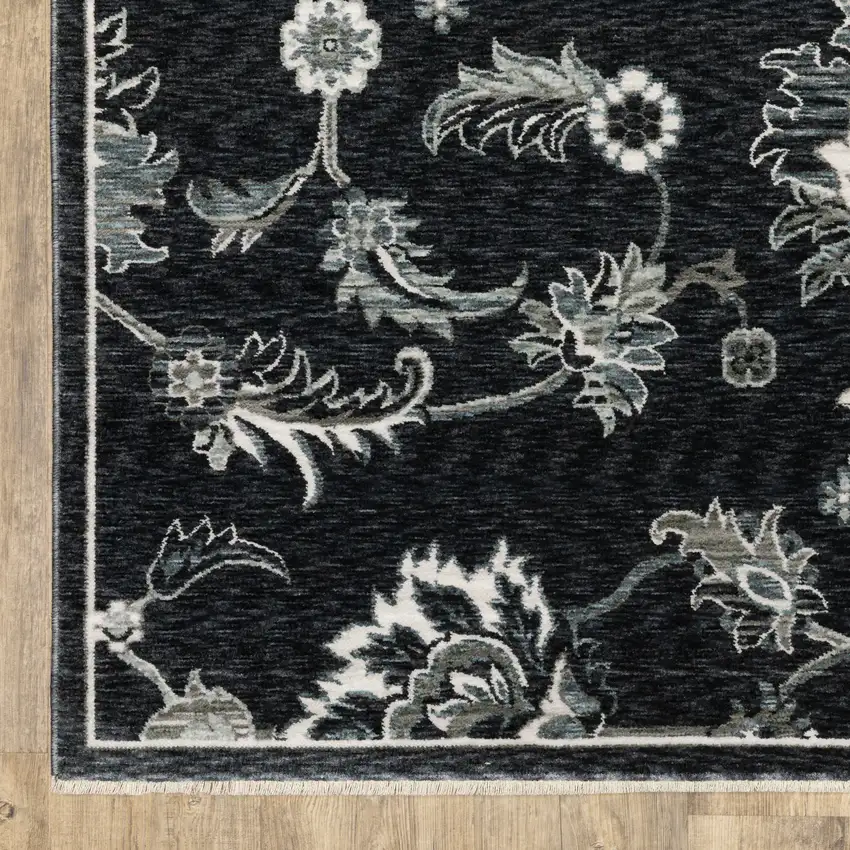 Blue Black And Ivory Floral Area Rug With Fringe Photo 7