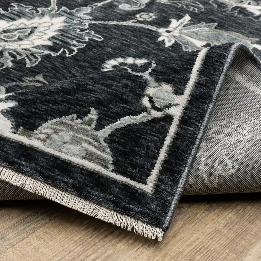 Blue Black And Ivory Floral Area Rug With Fringe Photo 8