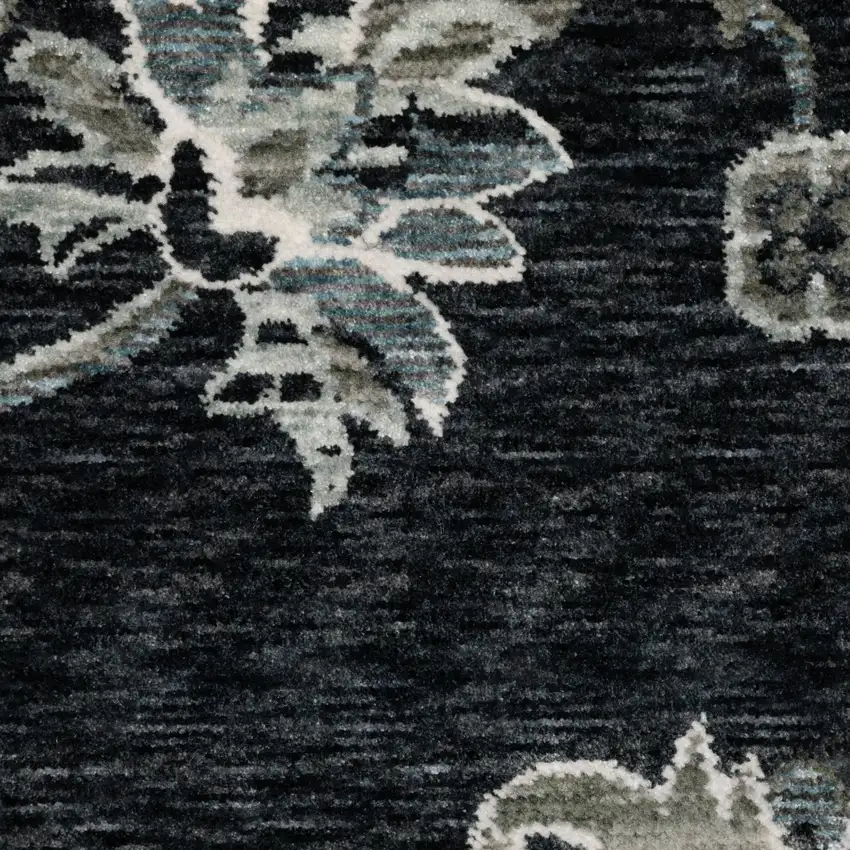 Blue Black And Ivory Floral Area Rug With Fringe Photo 6