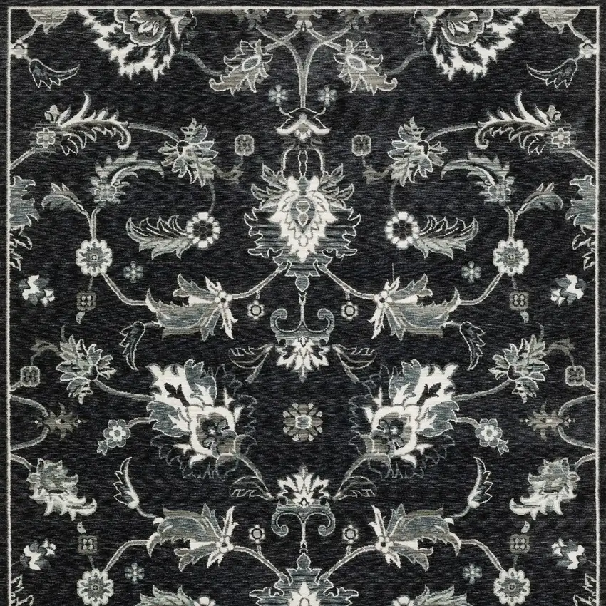 Blue Black And Ivory Floral Area Rug With Fringe Photo 2
