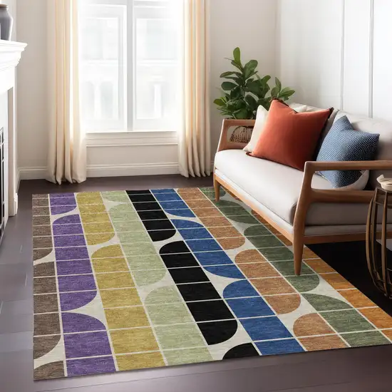 Blue Black Purple And Orange Geometric Washable Indoor Outdoor Area Rug Photo 6