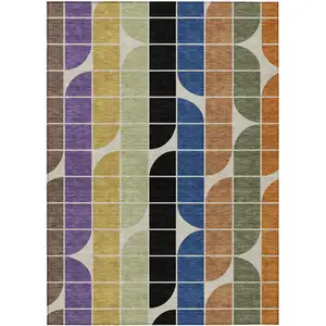 Photo of Blue Black Purple And Orange Geometric Washable Indoor Outdoor Area Rug