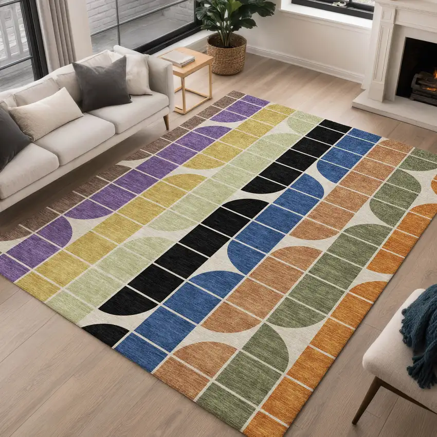 Blue Black Purple And Orange Geometric Washable Indoor Outdoor Area Rug Photo 5