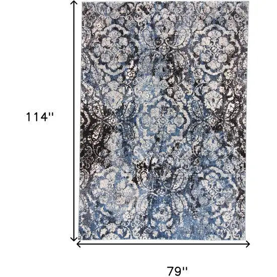 Blue Black and Ivory Abstract Power Loom Distressed Area Rug Photo 3
