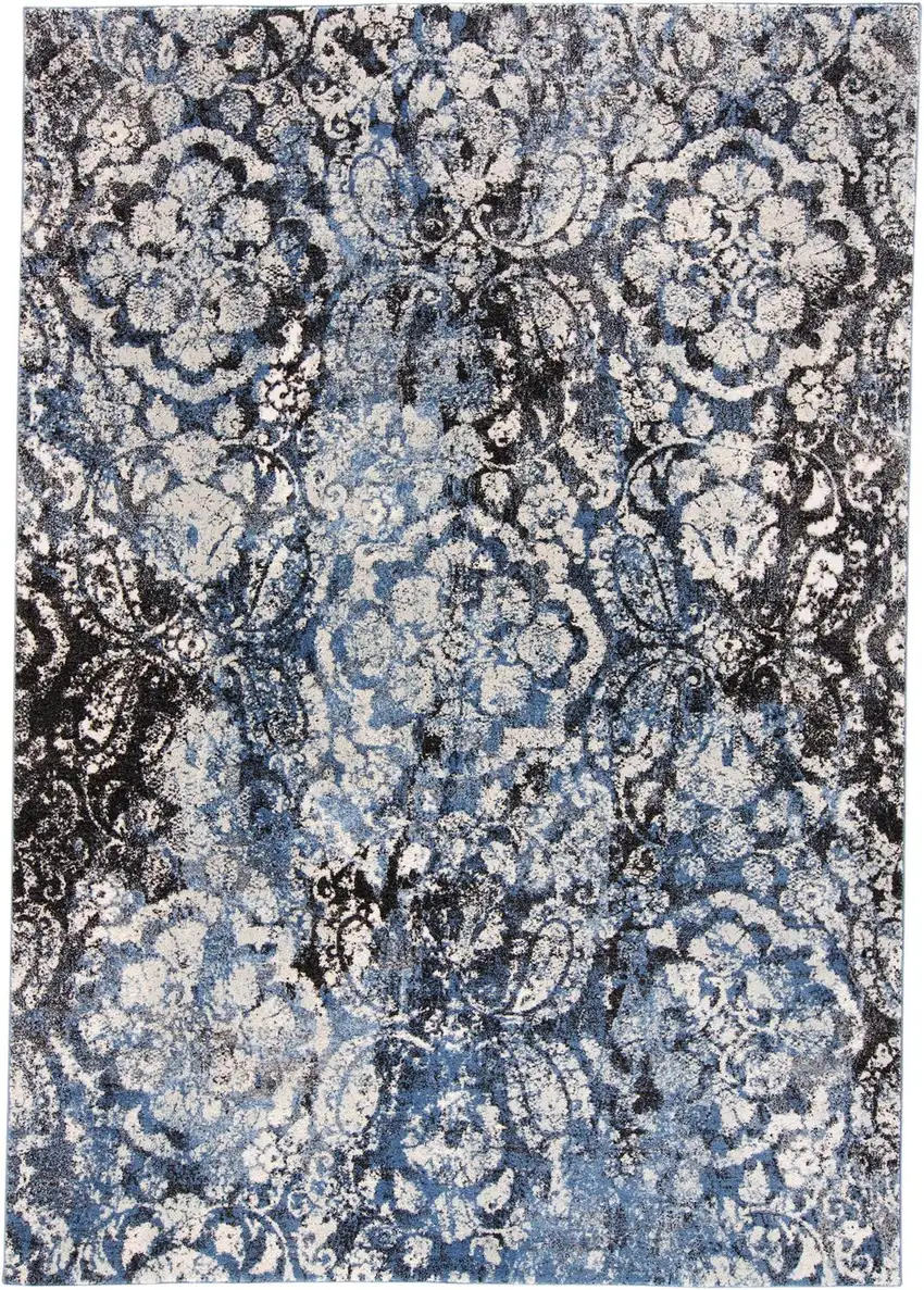 Blue Black and Ivory Abstract Power Loom Distressed Area Rug Photo 2